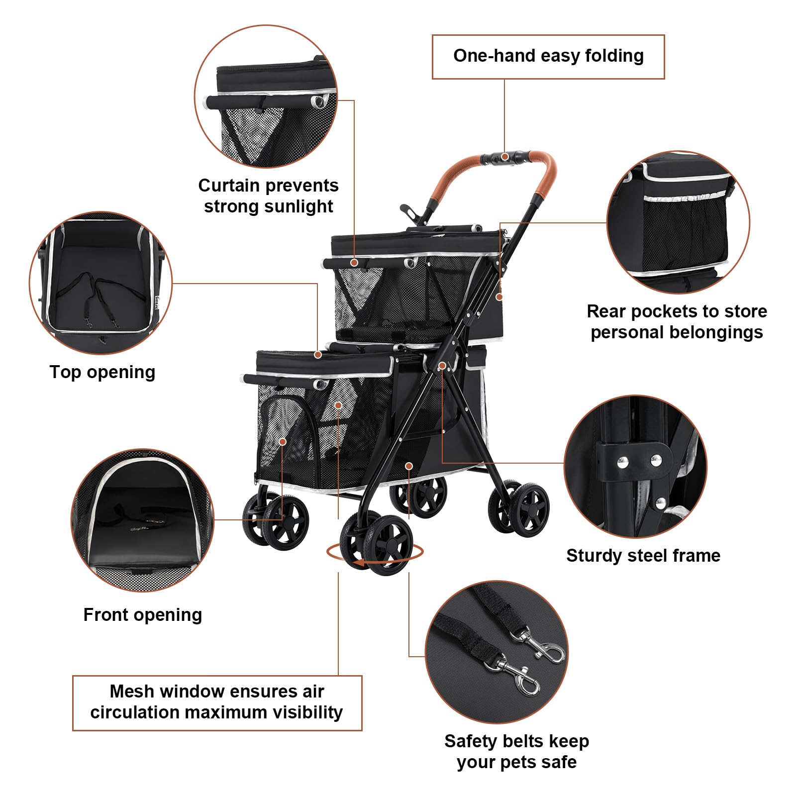 LPOTIUS stroller interior shows two seats for pets to sit or lie down