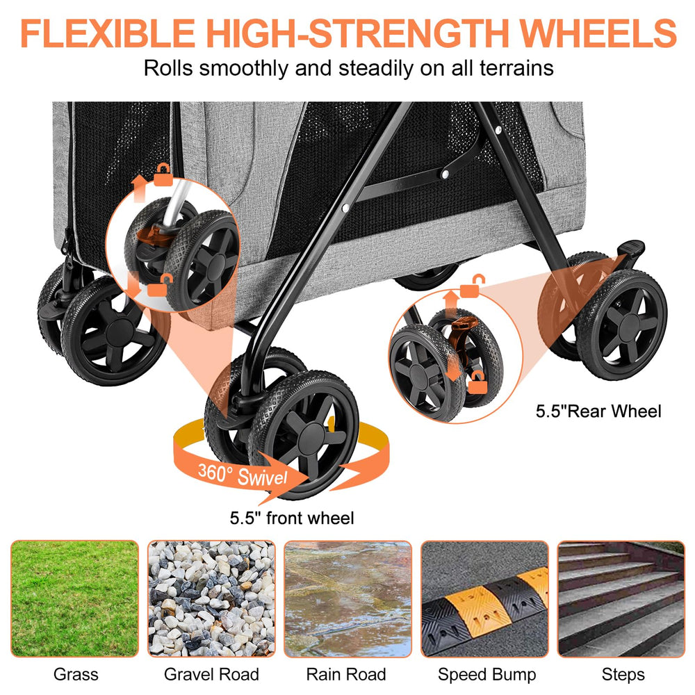 LPOTIUS double-pet-stroller-rear-brakes provide secure stops during city strolls