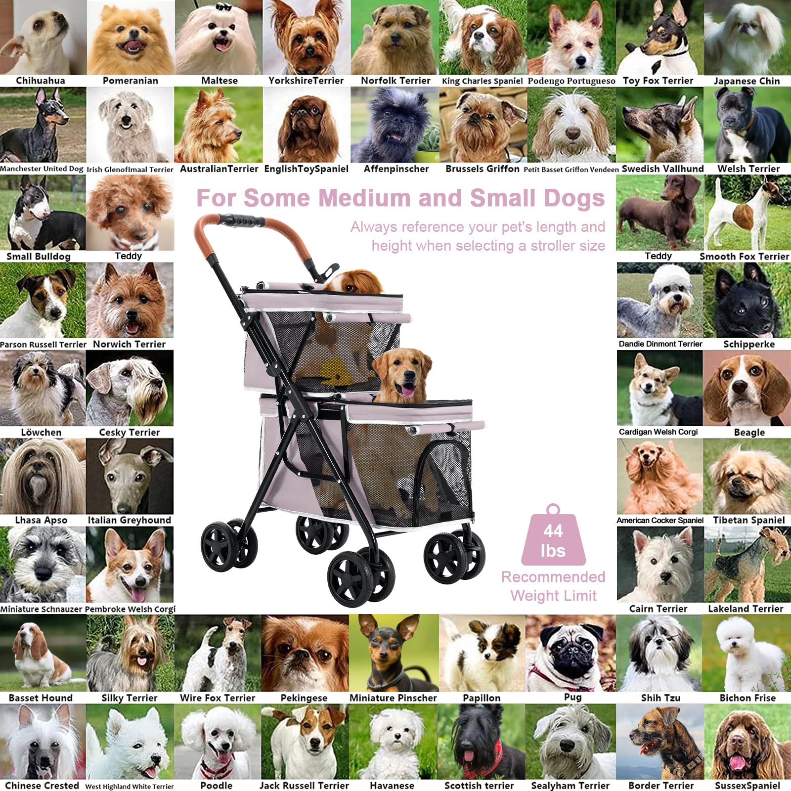 LPOTIUS Double Pet Stroller side-pocket for toys and essentials