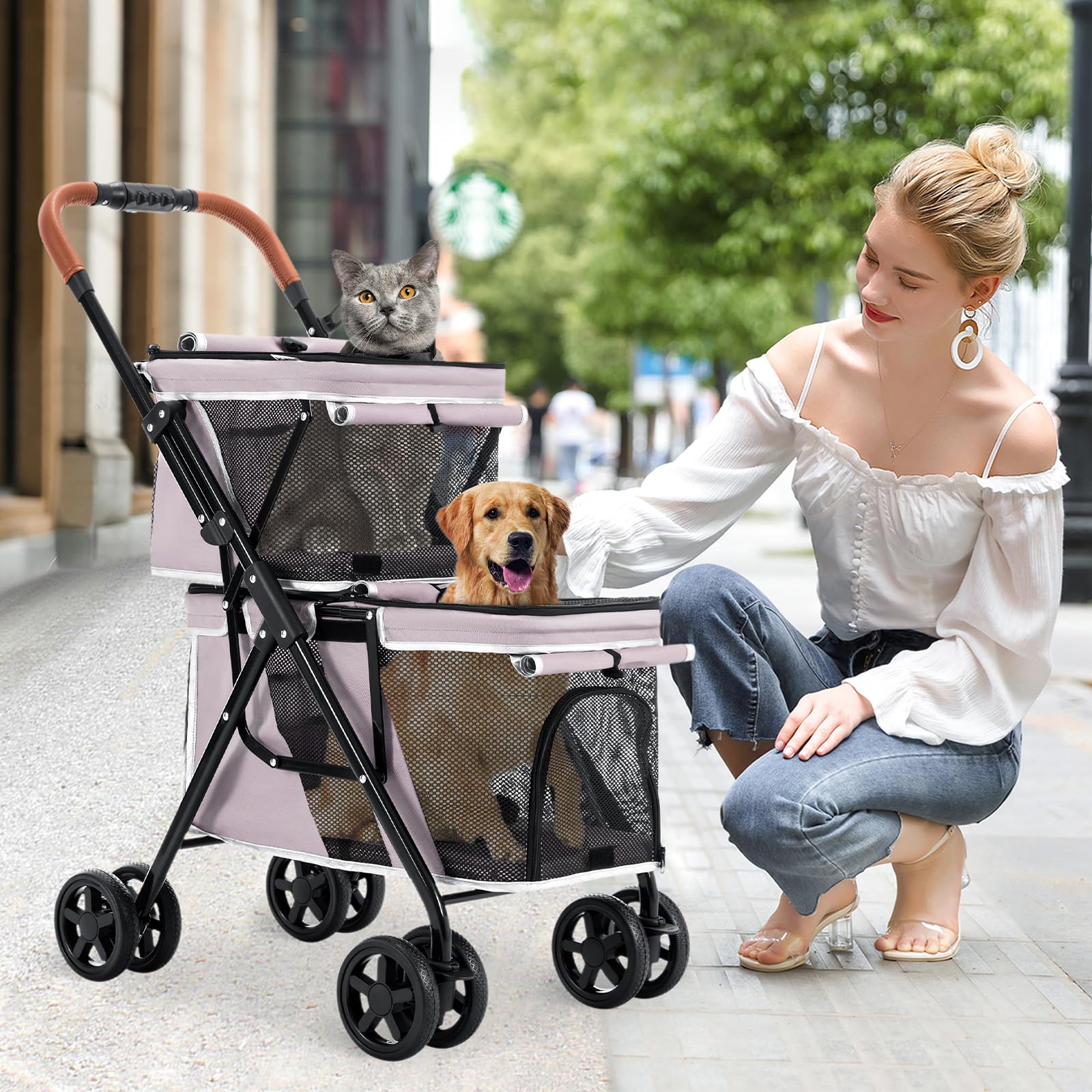 LPOTIUS Double Pet Stroller two-seats interior for two pets with comfortable space