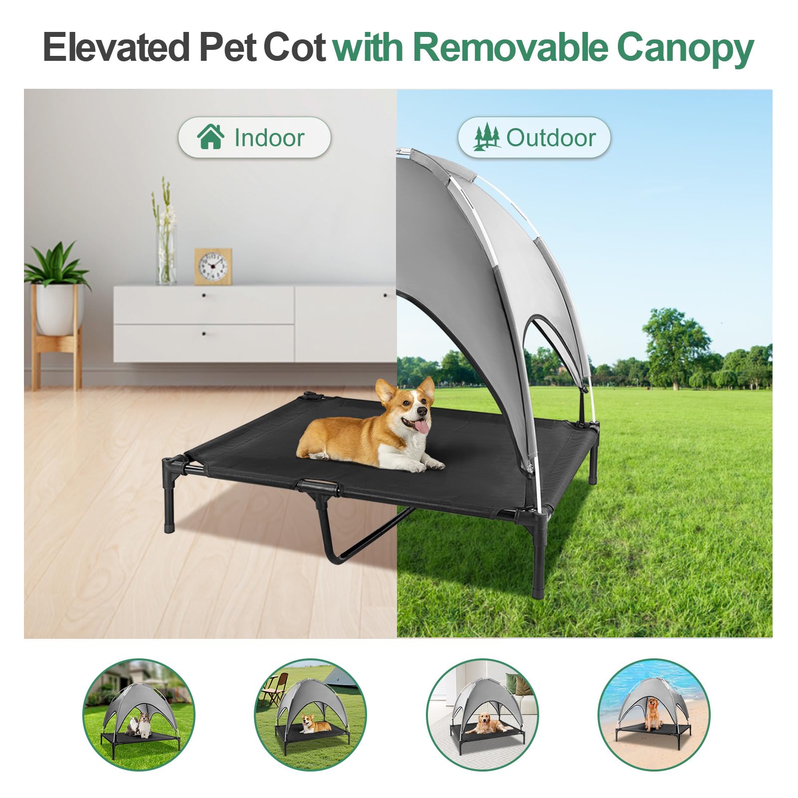 LPOTIUS elevated bed uses Textilene fabric for breathable, cooler resting.