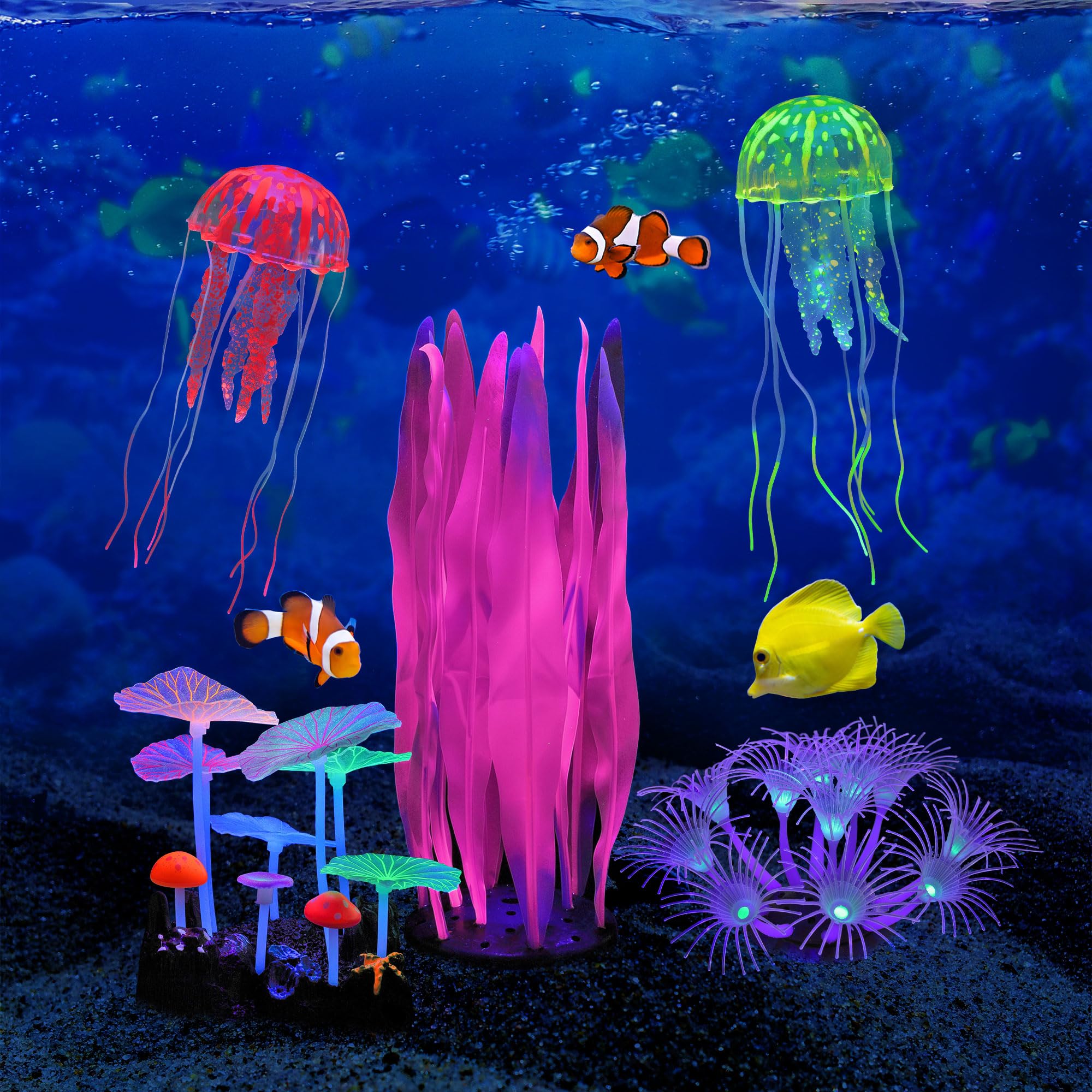 Lpraer glow aquarium jellyfish-1 creates motion and glow under blue light.