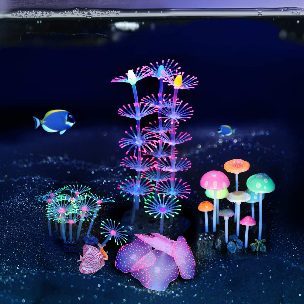 Lpraer glow coral reef ornament enhances tank aesthetics under blue UV light.