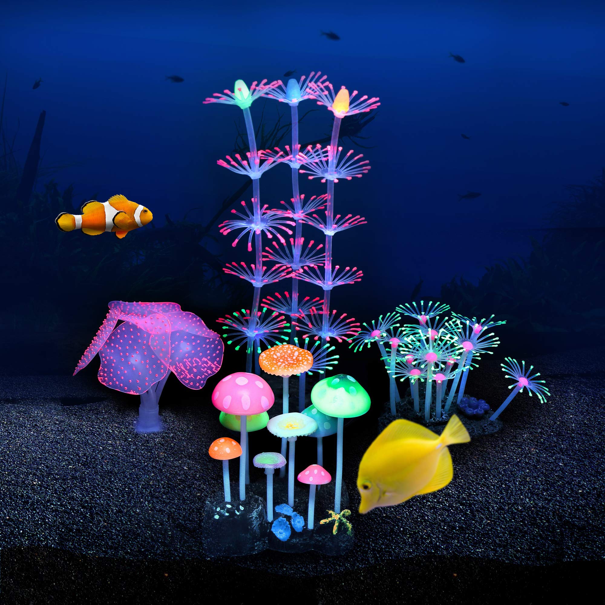 Lpraer glow packaging shows four-piece coral reef decor for easy setup.
