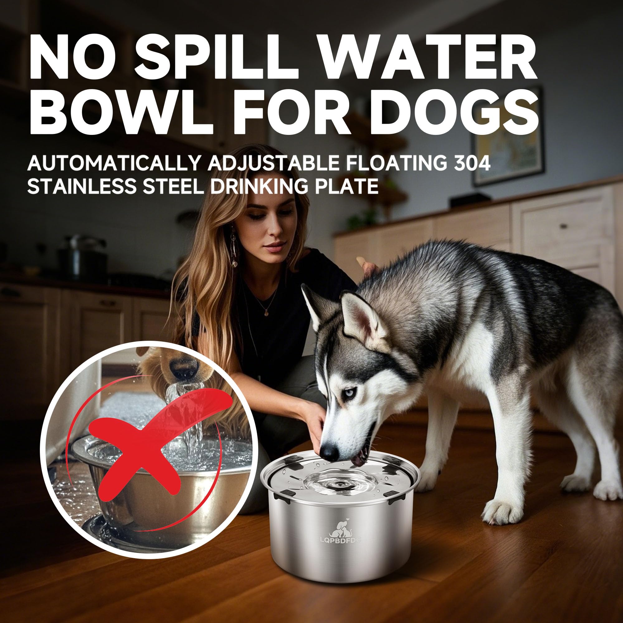 LQPBDFDC stainless-steel dog water bowl dispenser shows durable 304-grade construction.