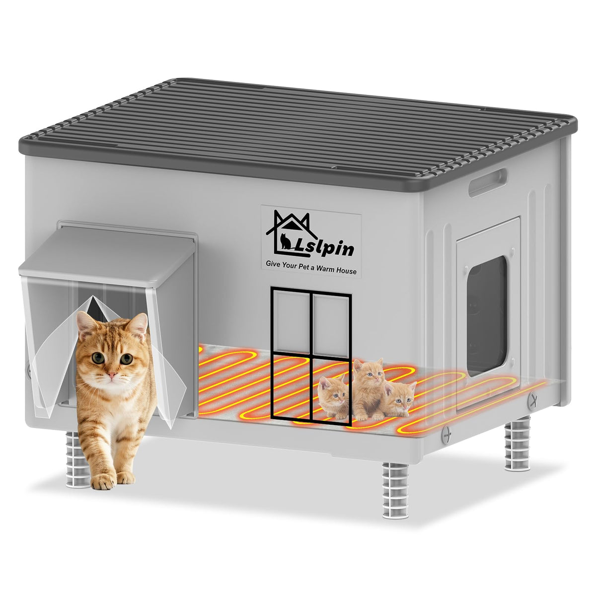 Lslpin heated cat house outdoor front view showing warm shelter for cold weather
