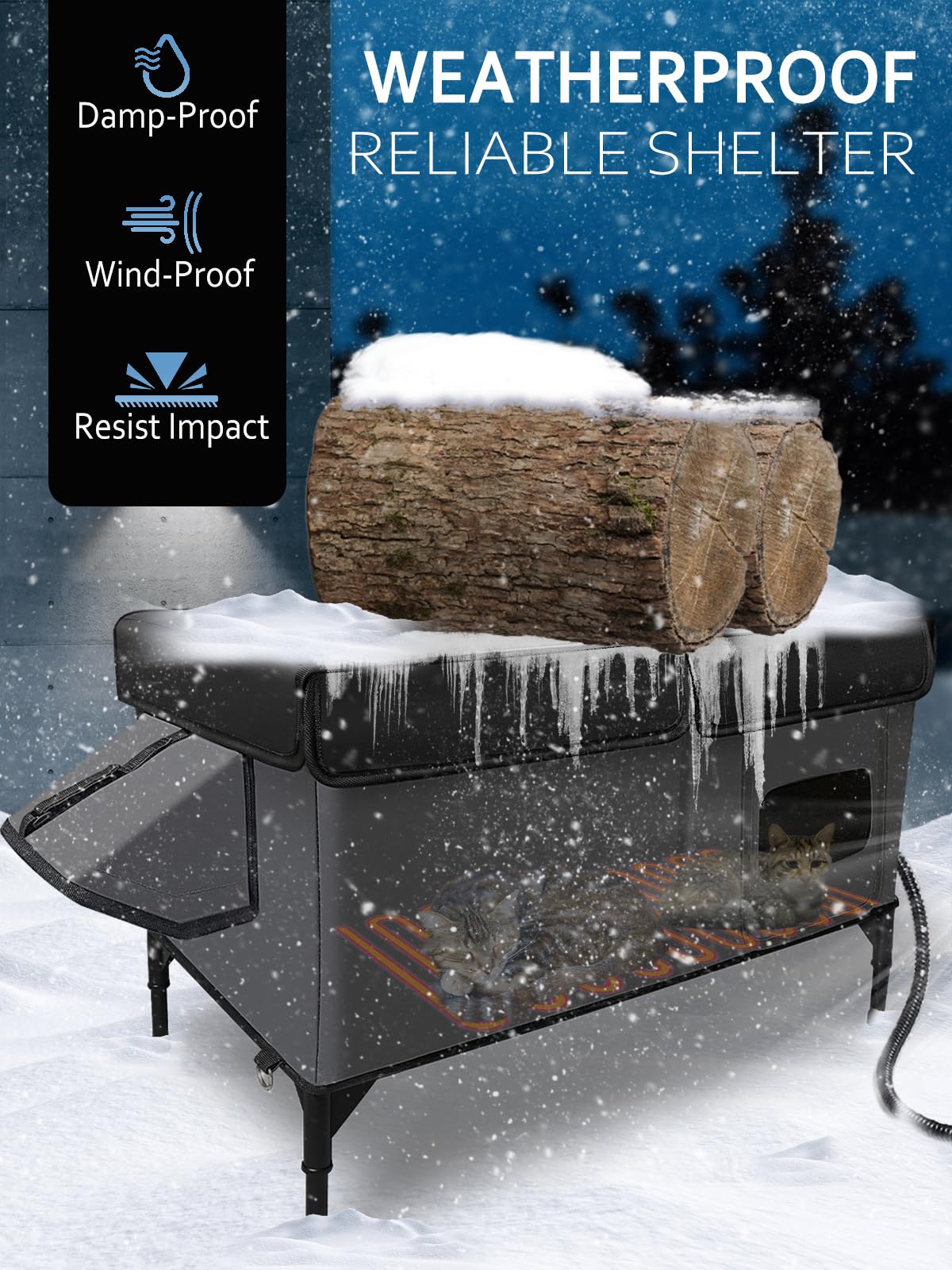 LUBLACET heated cat house with heating pad delivers constant warmth for winter nights.