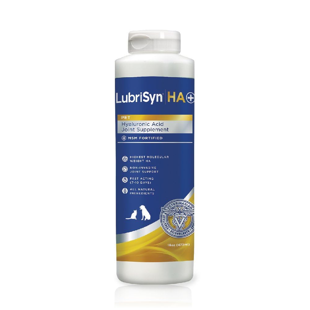 LubrisynHA bottle pour demonstrates easy daily dosing for pets.