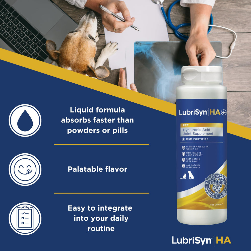 LubriSynHA liquid dropper demonstrates easy dosing or mixing for pets.