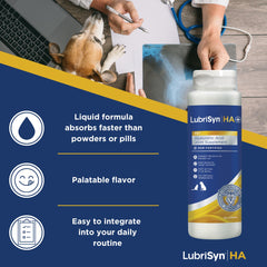 LubriSynHA liquid dropper demonstrates easy dosing or mixing for pets.