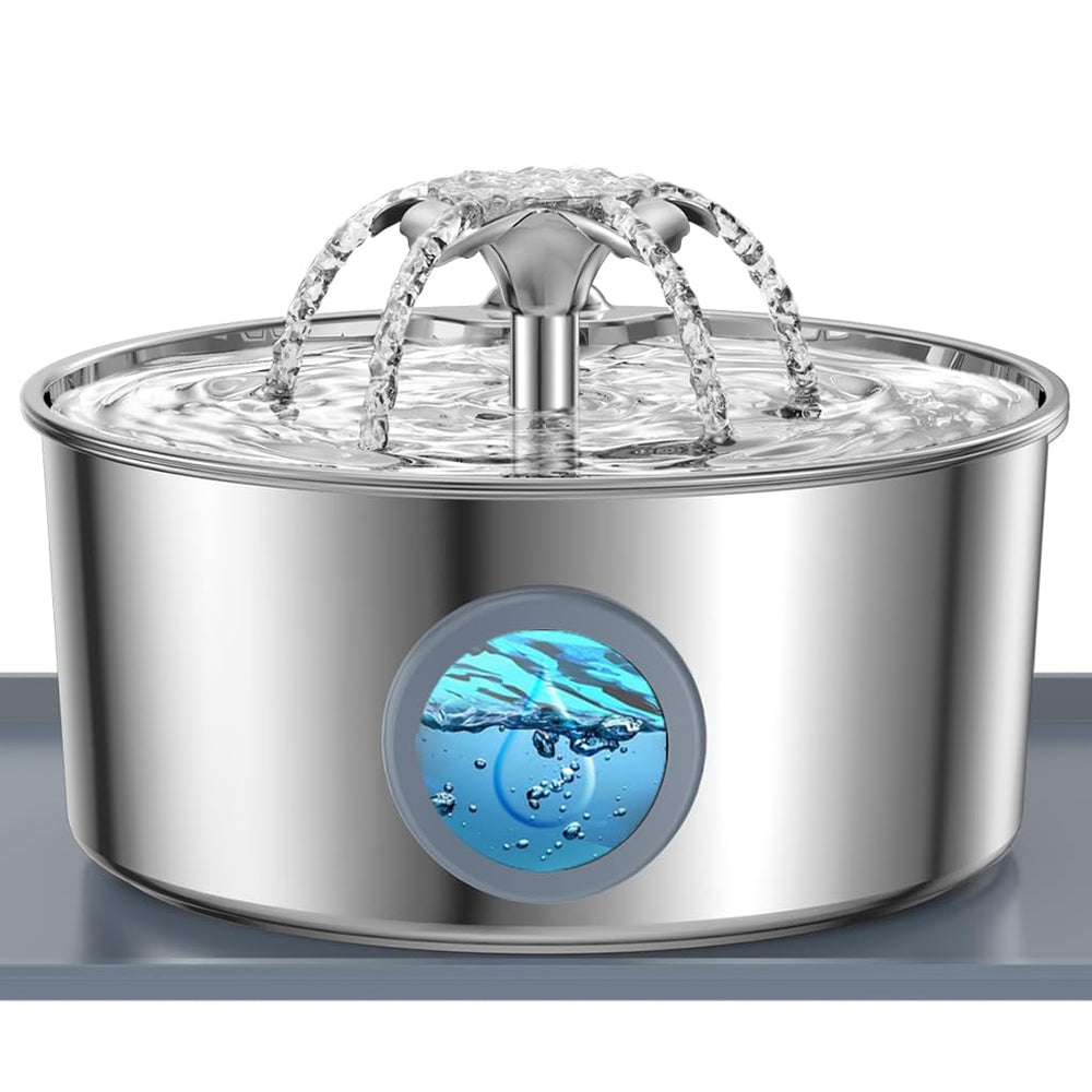 LucidShine cat water fountain front view highlights durable stainless steel for clean hydration.
