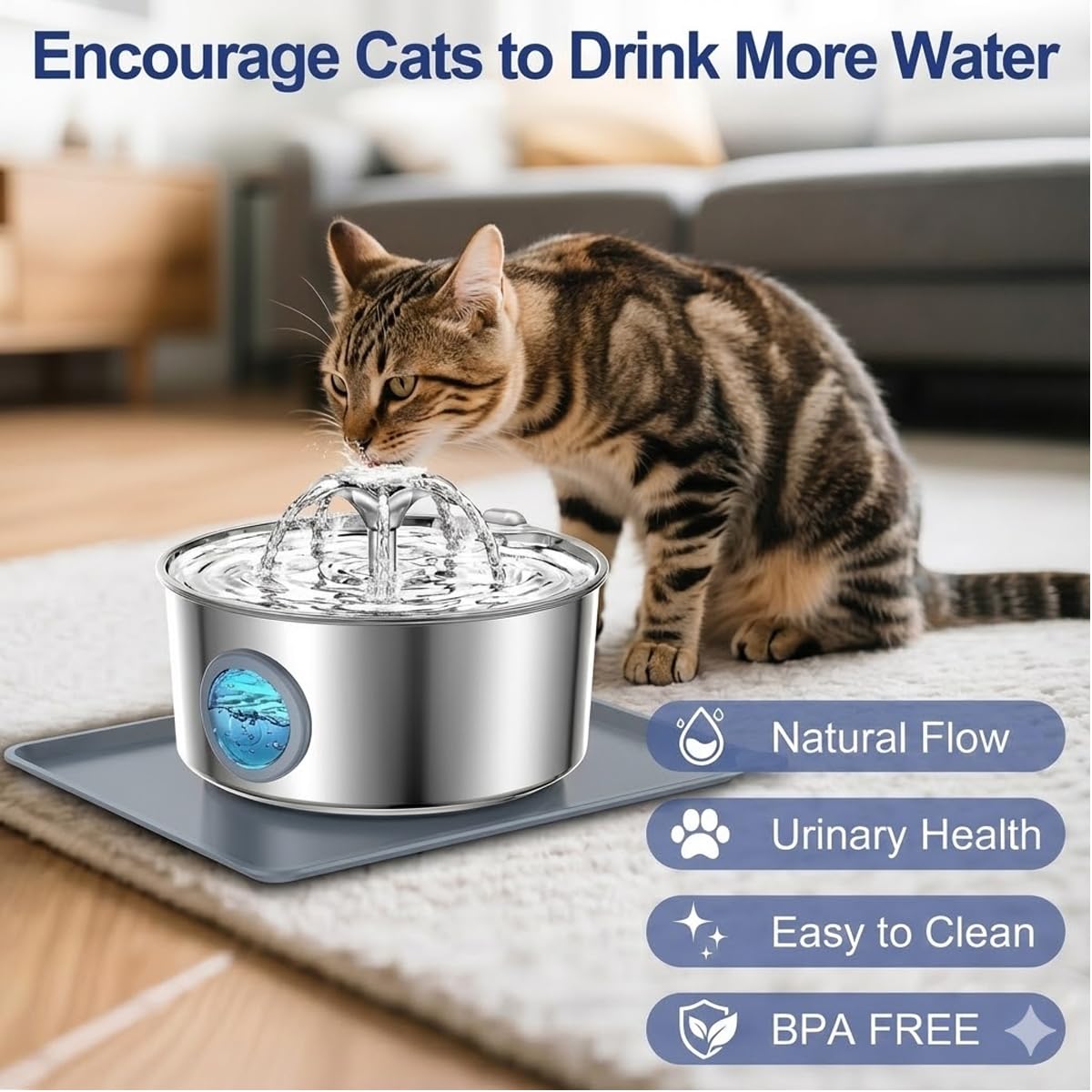 LucidShine cat water fountain side view demonstrates space-saving design with quiet performance.