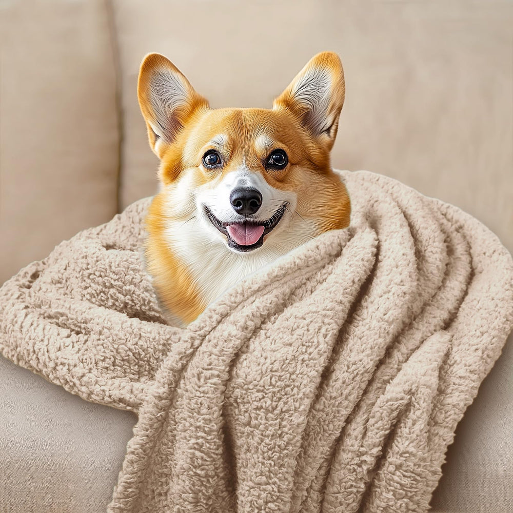 Beige Luciphia blanket protects furniture from hair and scratches.