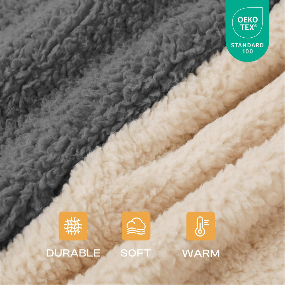 Luciphia grey blanket shows double-sided velvet for soft warmth during playtime.