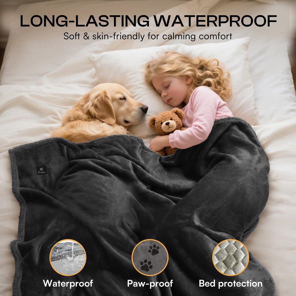 Luciphia waterproof bed blanket on sofa demonstrates pet comfort and fur protection