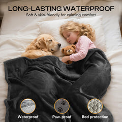 Luciphia waterproof bed blanket on sofa demonstrates pet comfort and fur protection