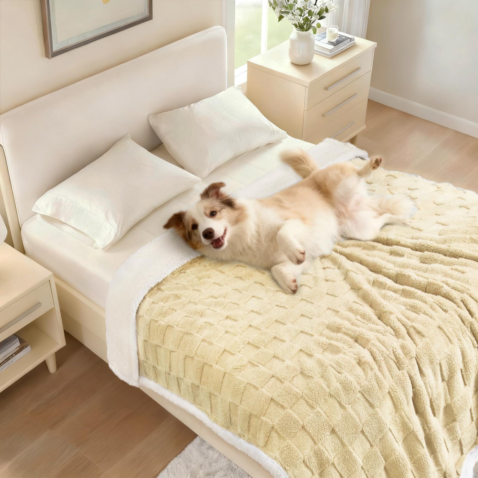 Luciphia waterproof dog blanket in car seat illustrates travel protection and comfort.