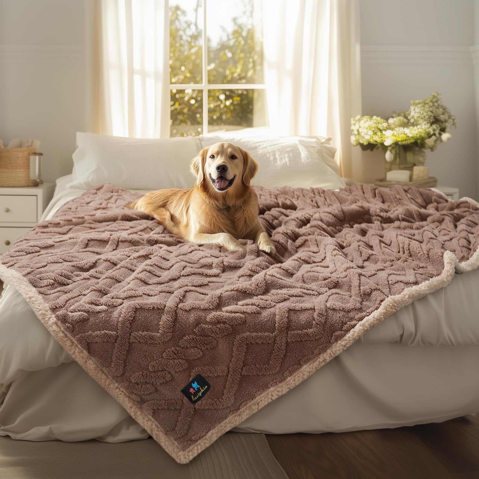 Luciphia waterproof pet blanket front view in khaki ready to protect your sofa