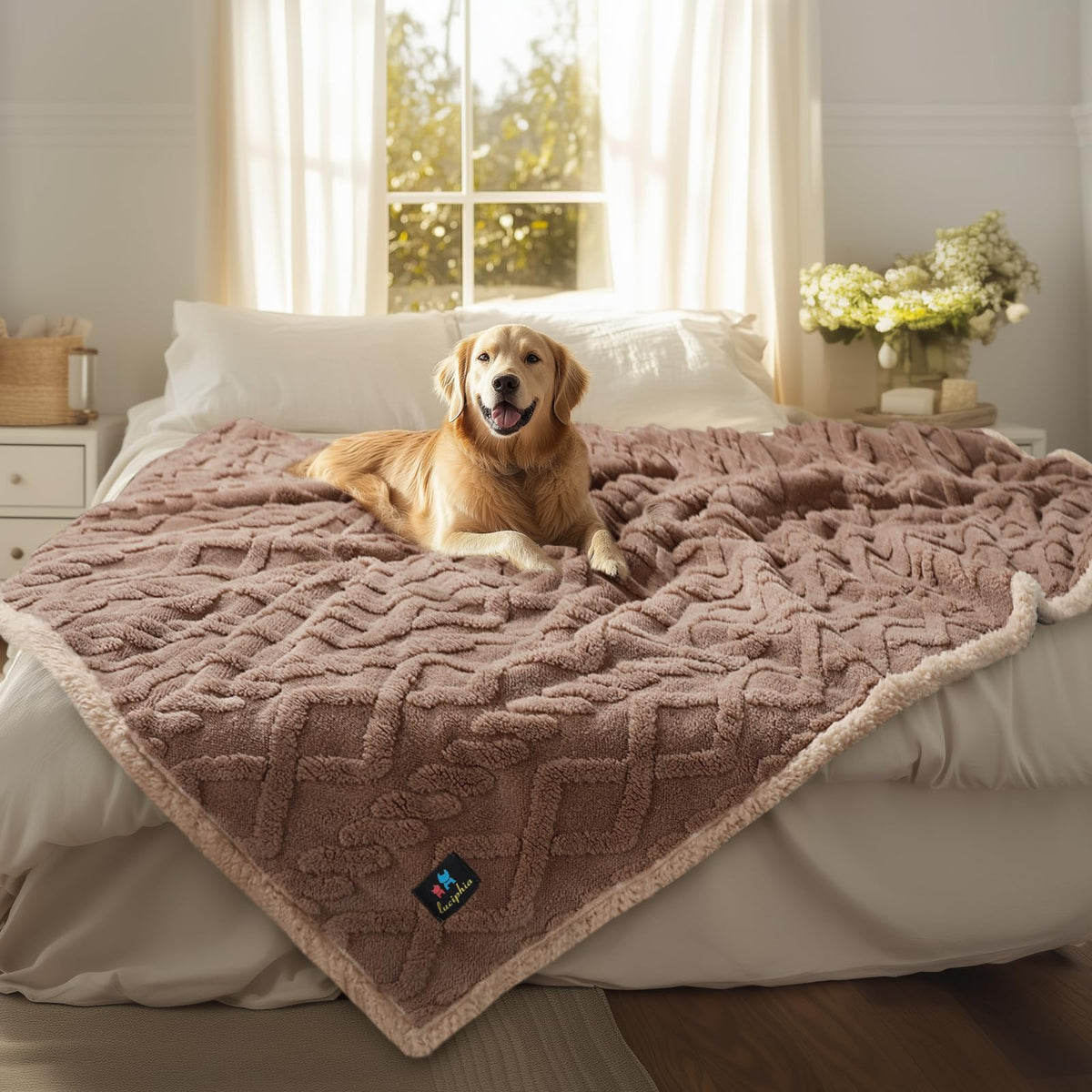 Luciphia waterproof pet blanket front view in khaki ready to protect your sofa