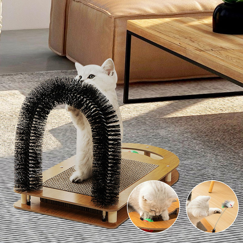 Luck Dawn 5-in-1 cat hair brush highlights scratching pads and interactive toys.