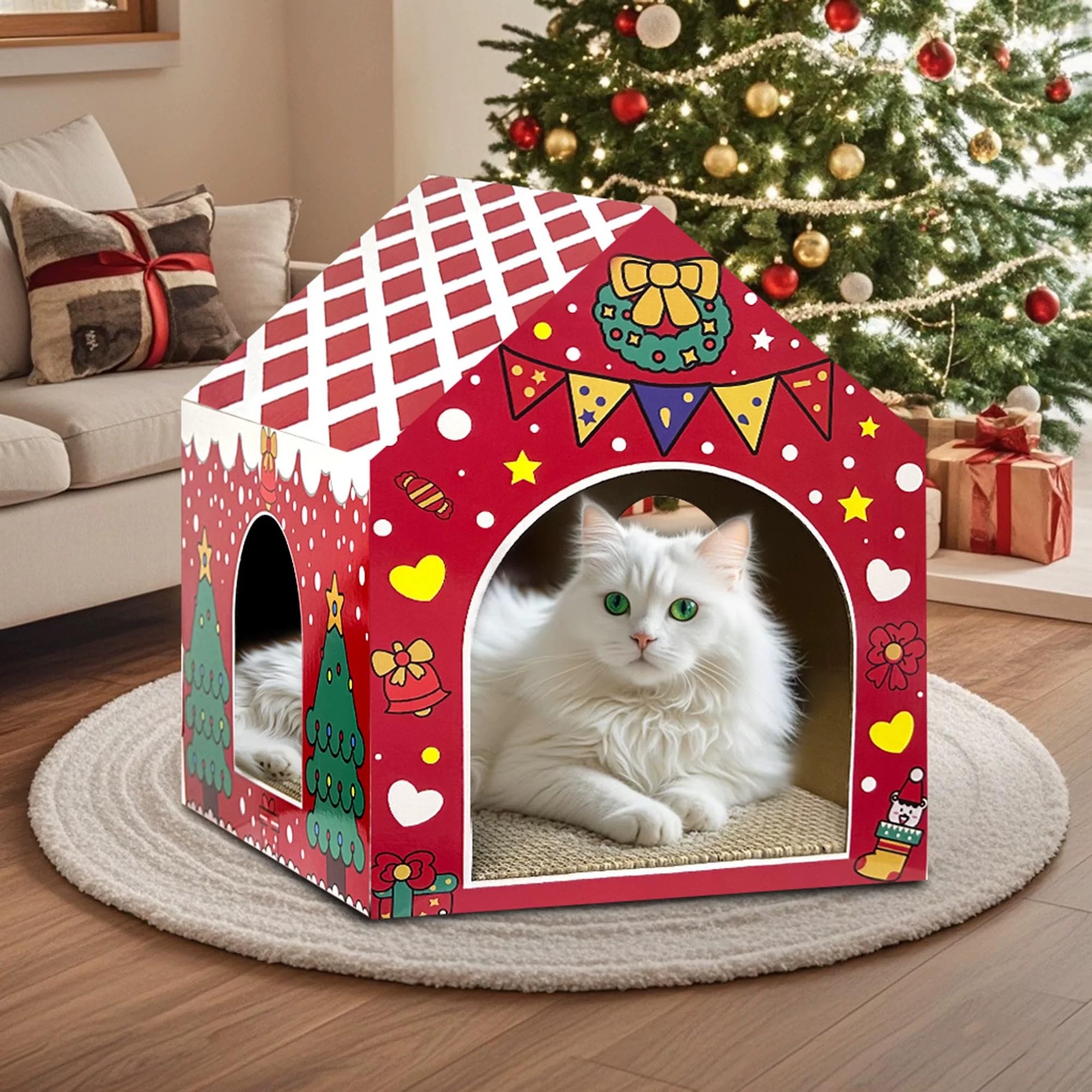 LUCKITTY cardboard cat house assembly demonstrates quick setup for holiday play space