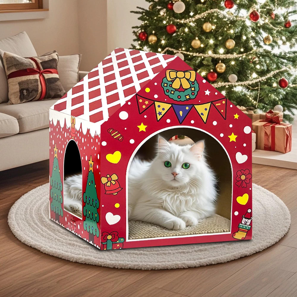 LUCKITTY cardboard cat house assembly demonstrates quick setup for holiday play space