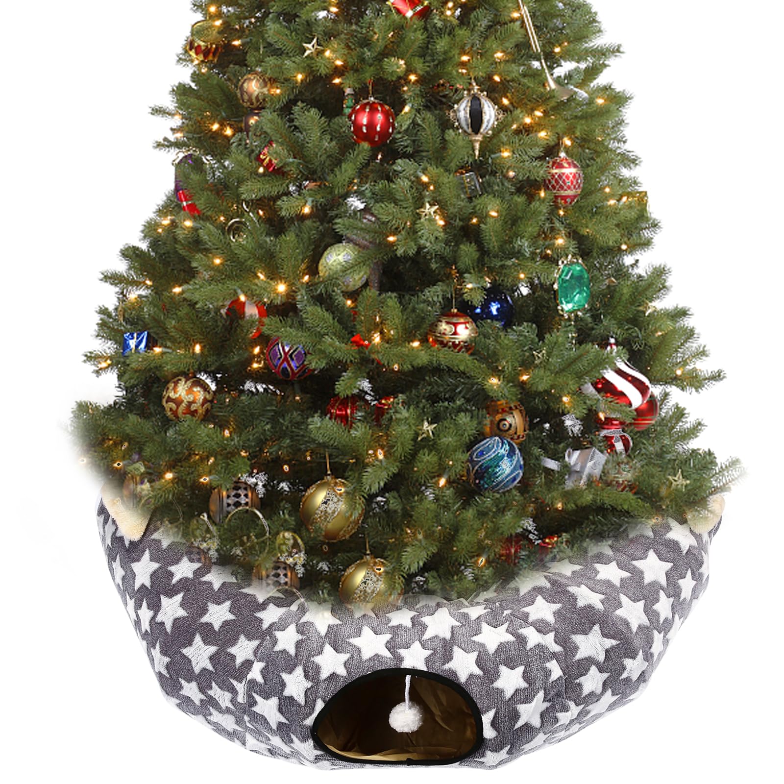 Luckitty cat tunnel bed under Christmas Tree shows cozy hideaway for naps