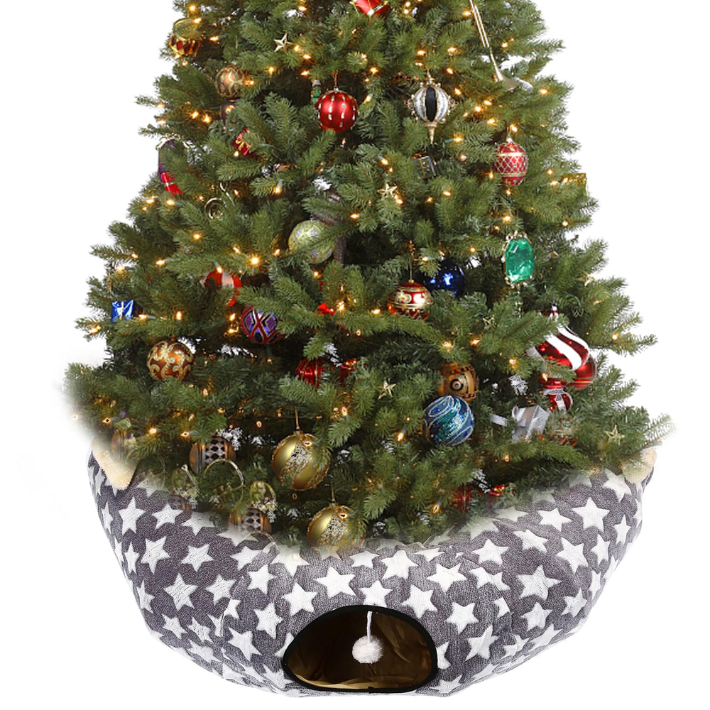 Luckitty cat tunnel bed under Christmas Tree shows cozy hideaway for naps