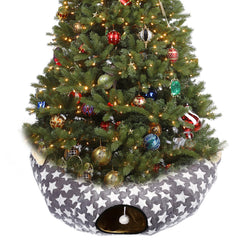 Luckitty cat tunnel bed under Christmas Tree shows cozy hideaway for naps