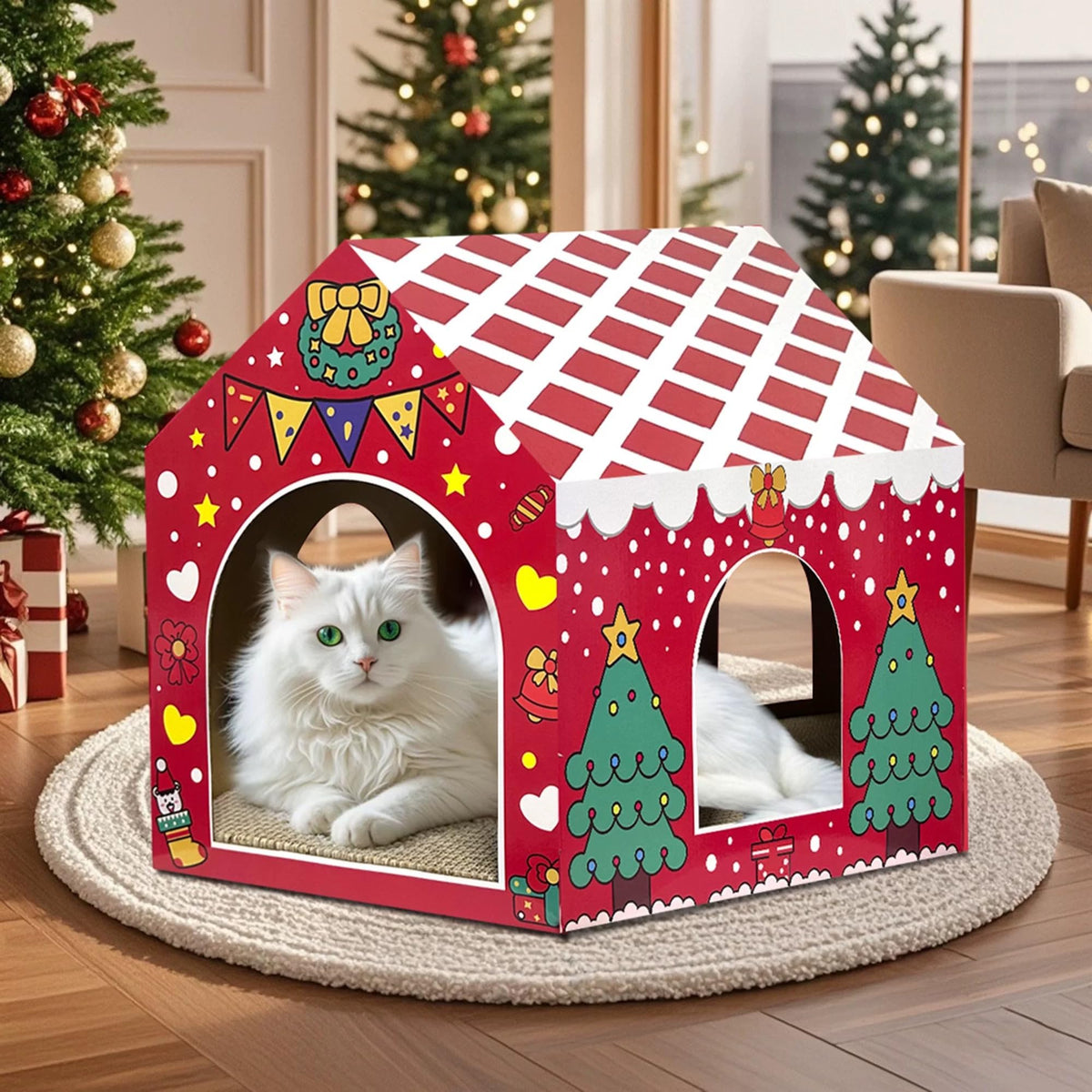 LUCKITTY Christmas Cat House Scratcher shows festive design and claw-sparing surface for indoor cats