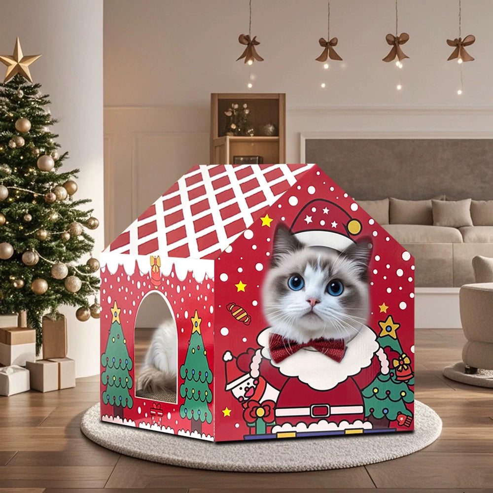 LUCKITTY Christmas decorations cat house front view highlights festive colors