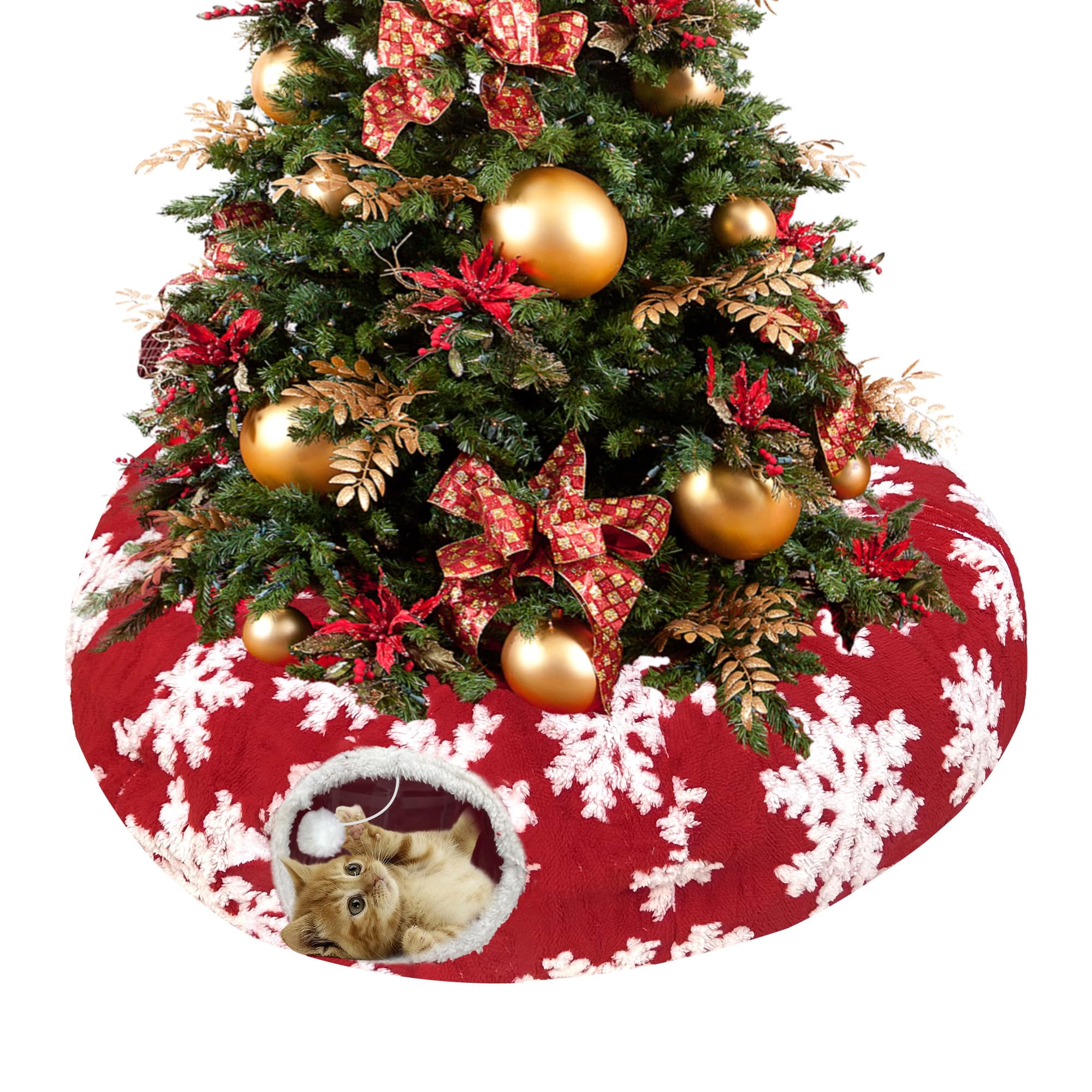 LUCKITTY Christmas Snowflake Cat Tunnel under tree, festive print protects ornaments and invites cozy play.