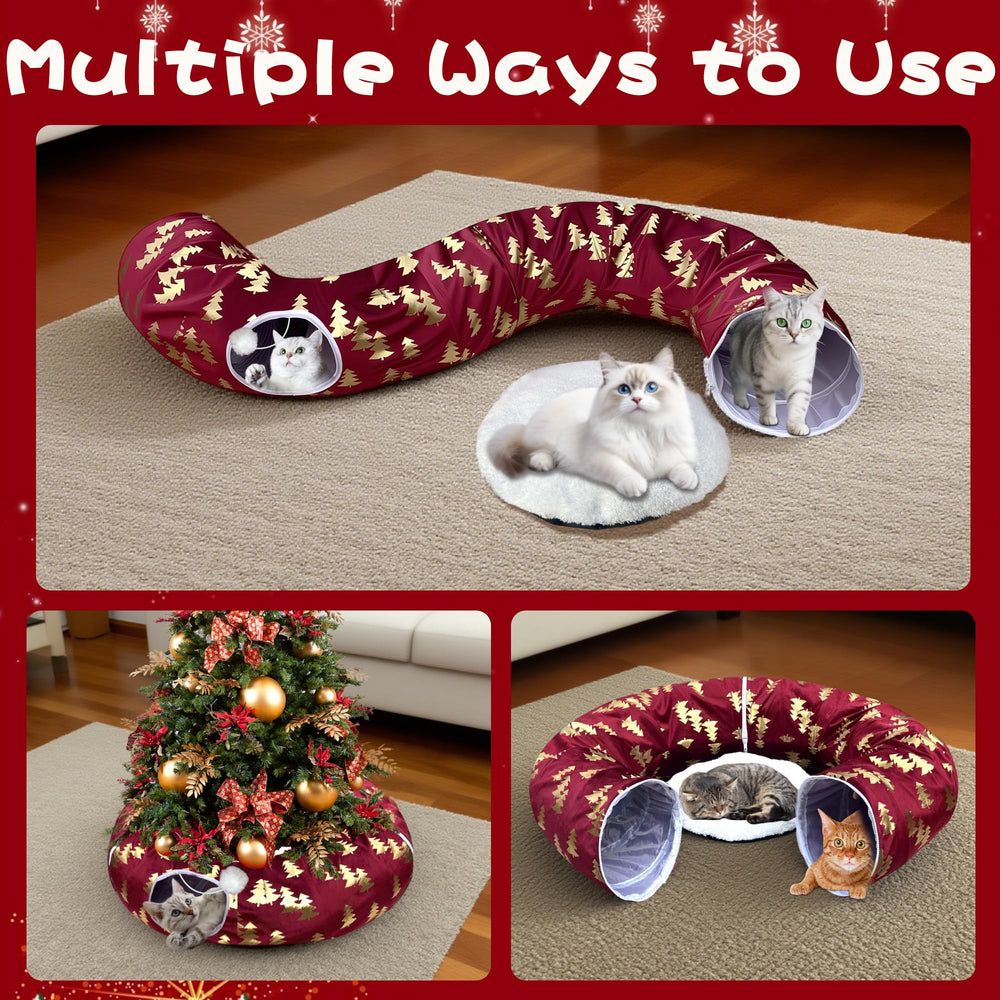 LUCKITTY plush Christmas Tree cat tunnel easy setup—unfolds in seconds