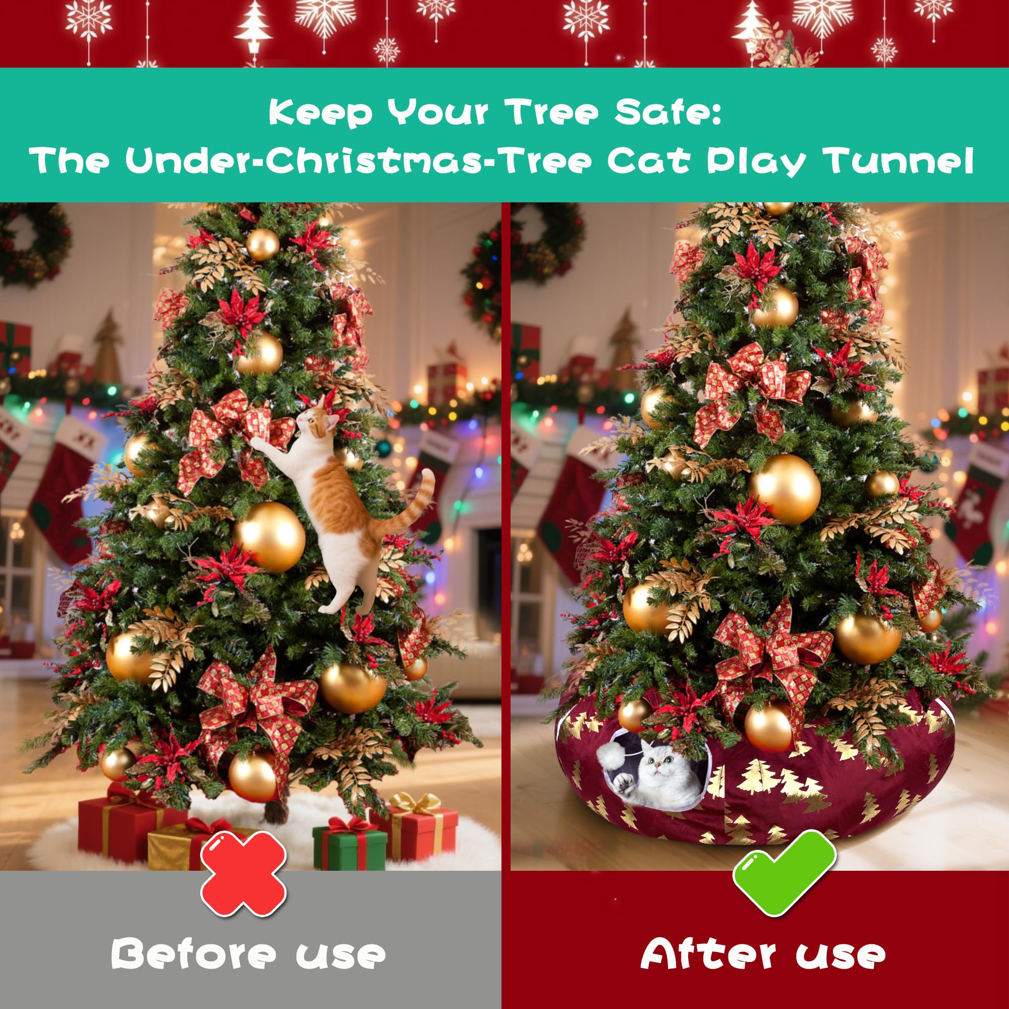 LUCKITTY plush Christmas Tree cat tunnel foil detail—festive gold accents
