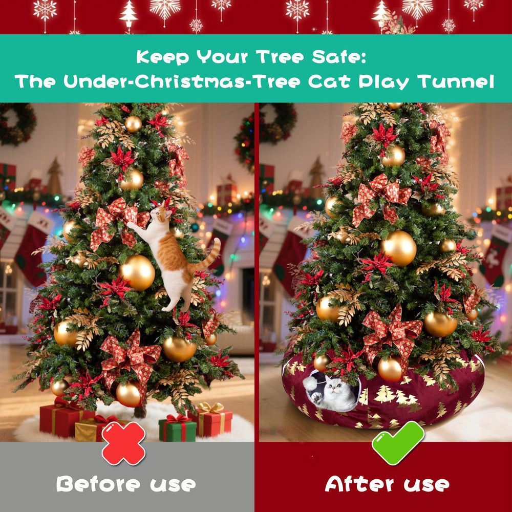 LUCKITTY plush Christmas Tree cat tunnel foil detail—festive gold accents