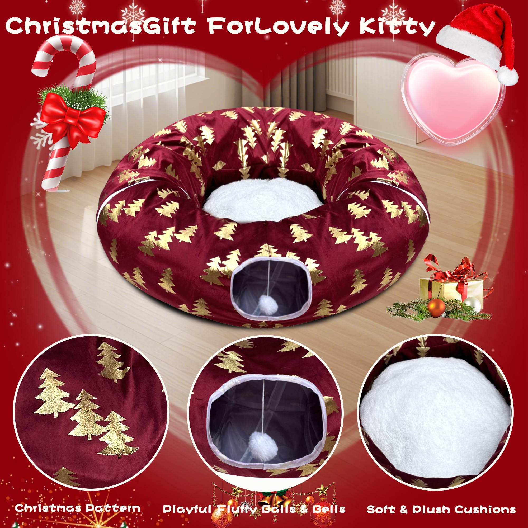 LUCKITTY plush Christmas Tree cat tunnel red color—adds festive ambiance and play