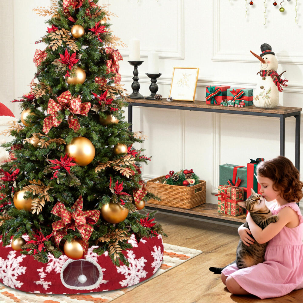 LUCKITTY Red jacquard fabric close-up shows soft, claw-resistant texture under holiday ambience.