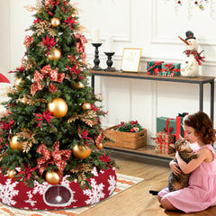 LUCKITTY Red jacquard fabric close-up shows soft, claw-resistant texture under holiday ambience.