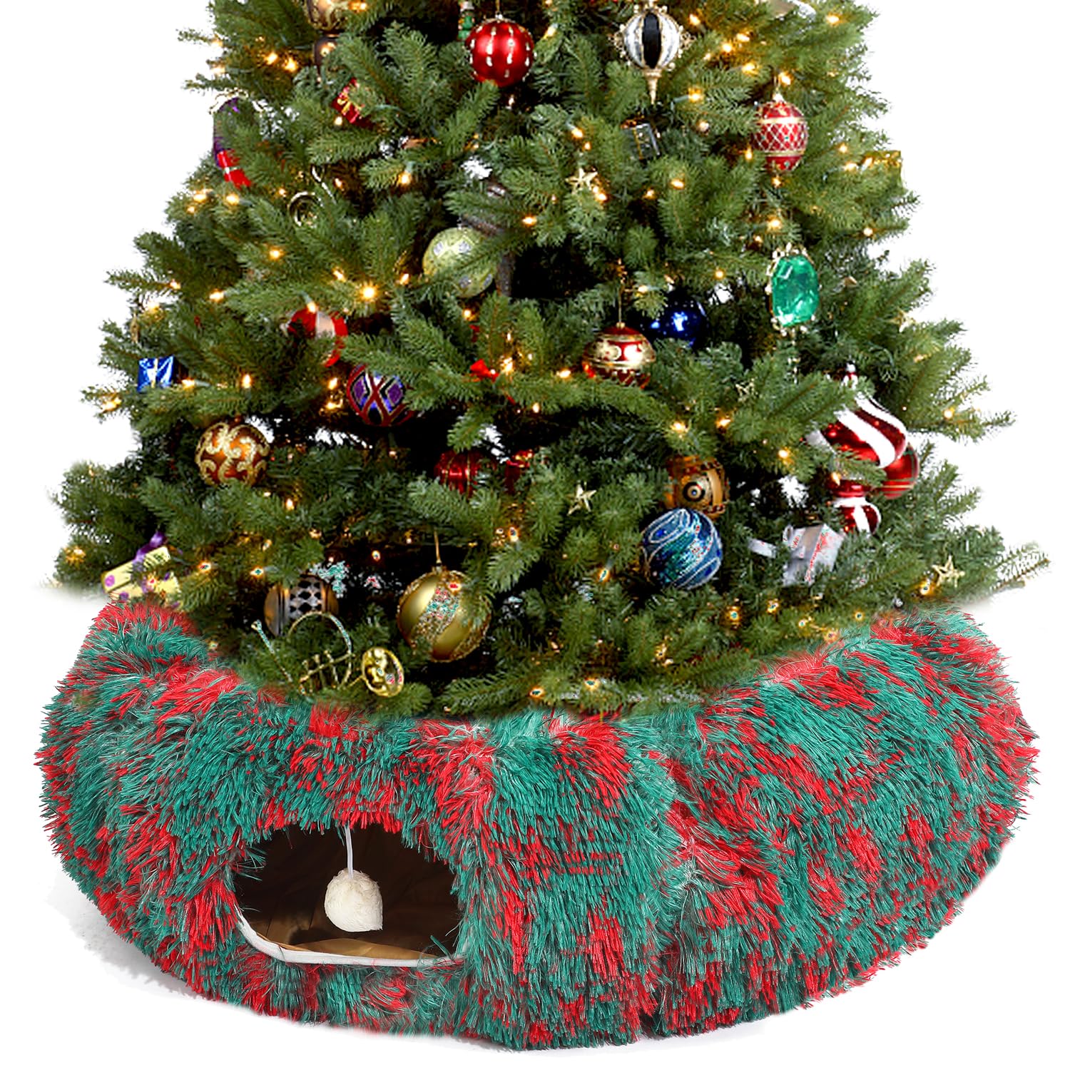 Luckitty warm fluffy cat tunnel bed with red-green pattern for cozy play