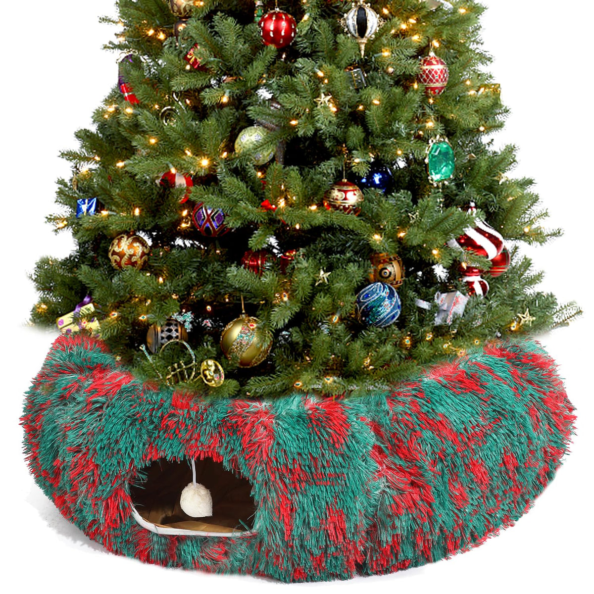 Luckitty warm fluffy cat tunnel bed with red-green pattern for cozy play