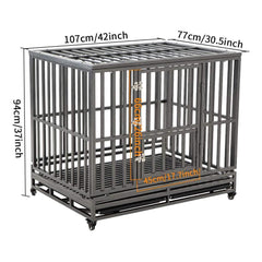 LUCKUP heavy duty dog cage side view highlights locking casters for easy relocation.