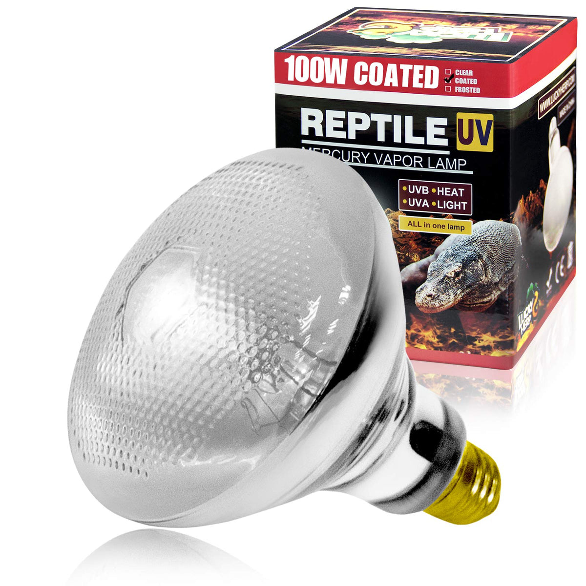 Lucky Herp 100W UVB vapor heat lamp bulb illuminated for terrarium basking.