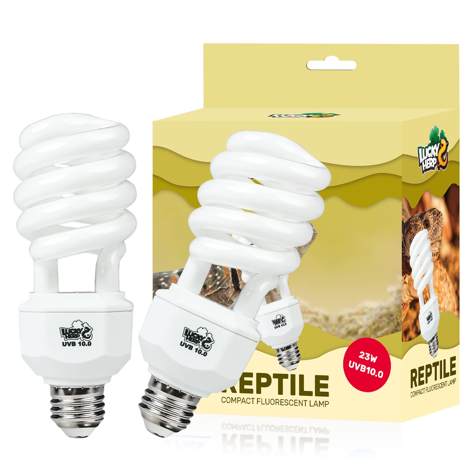 LUCKY HERP 2pack UVB reptile light 23W supports calcium metabolism in desert reptiles.
