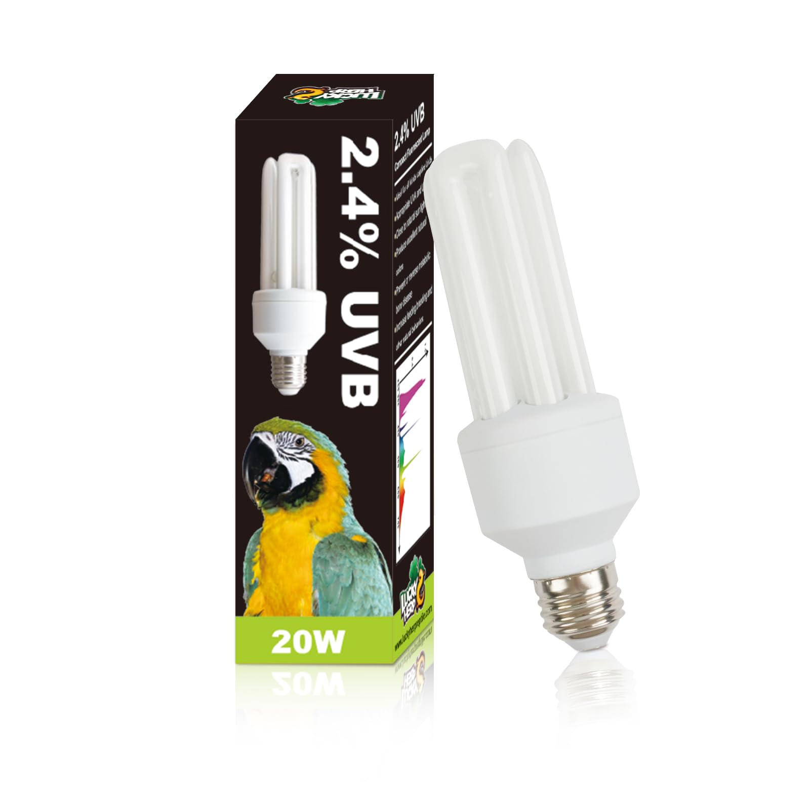 Lucky Herp bird bulb close-up highlighting compact UVB design for safe exposure
