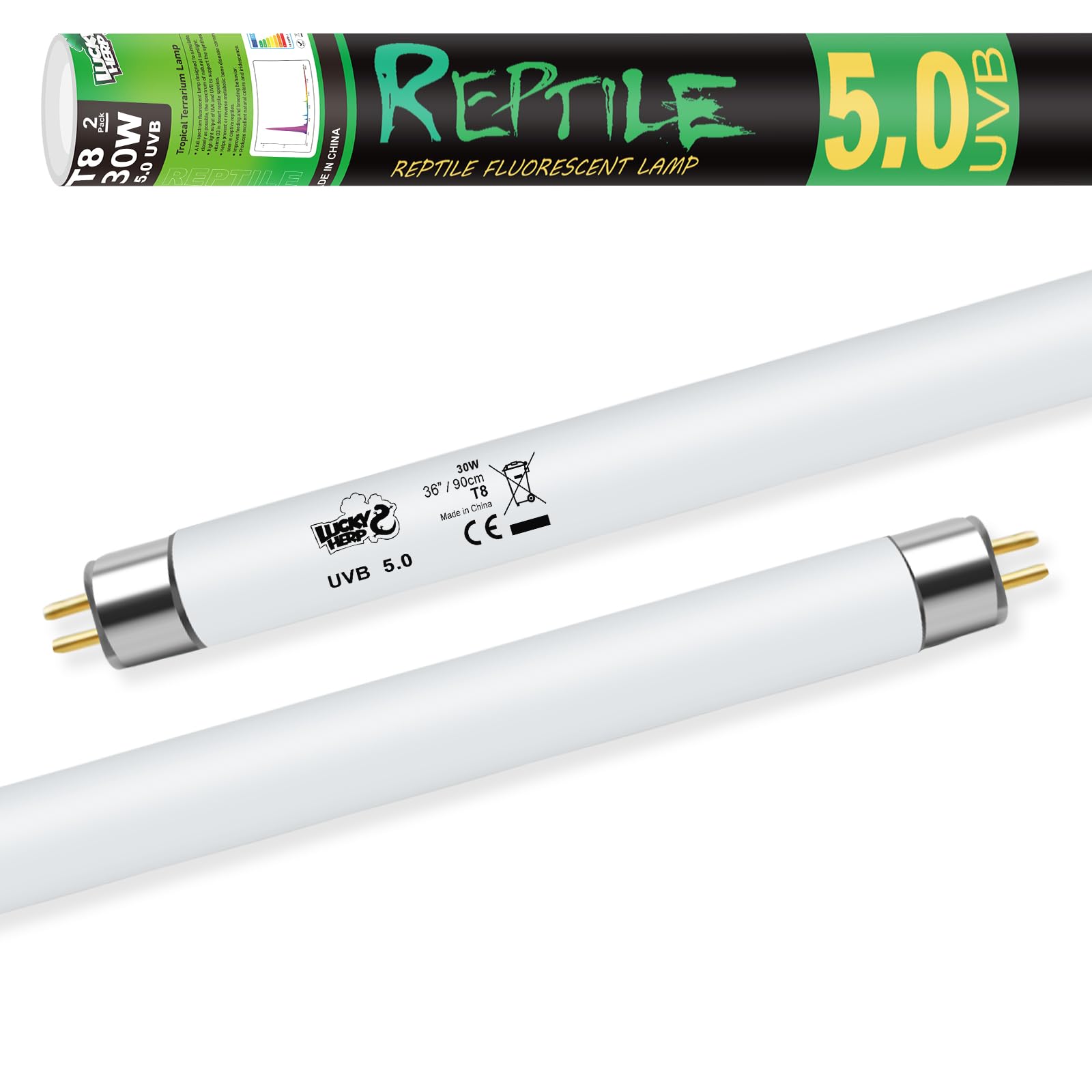 Lucky Herp T8 30W UVB5.0 bulb with dual lamps for even reptile coverage.