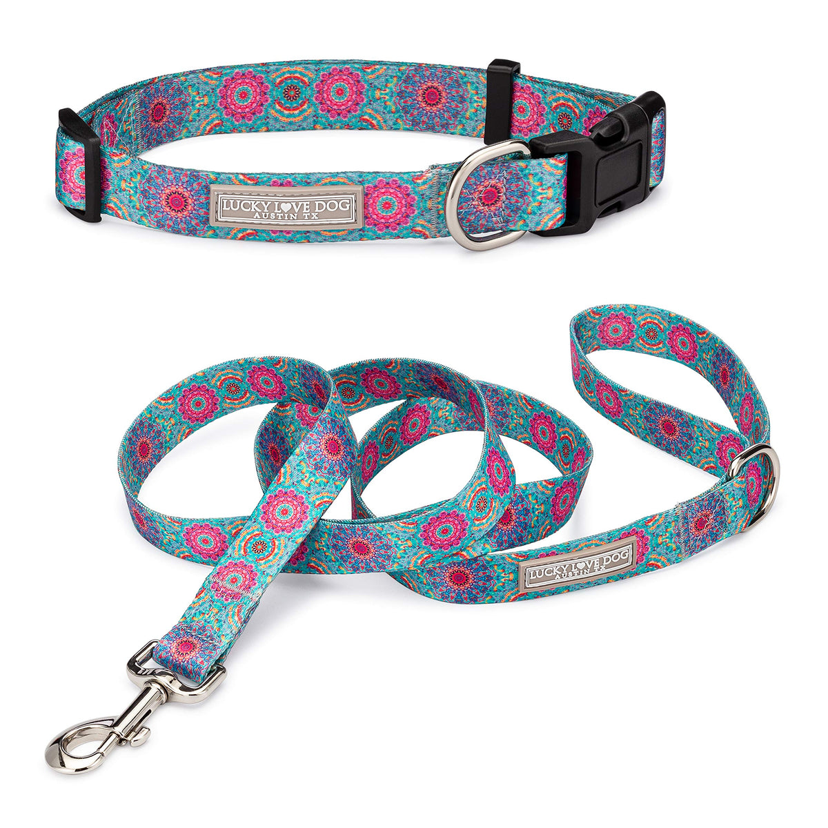 Lucky Love Dog boho chic collar on a small Clara combo dog for stylish everyday walks.