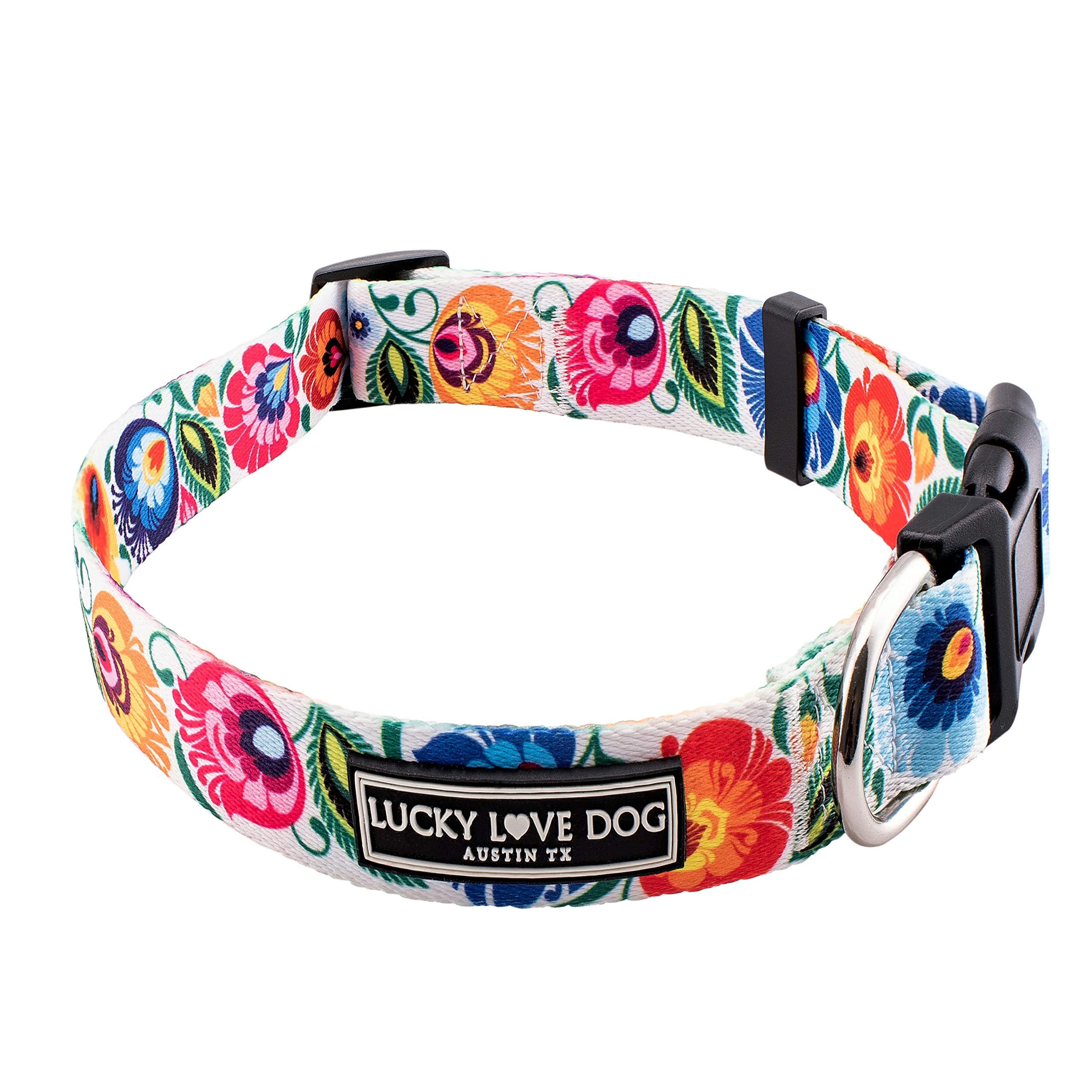 Lucky Love Dog Ladybird collar shown fully with secure adjustable fit.