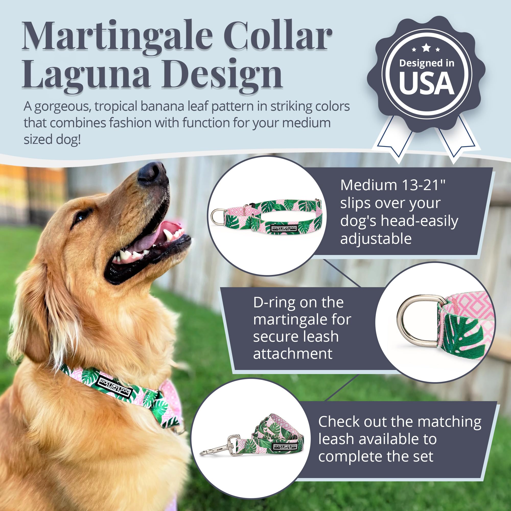Lucky Love Dog martingale collar adjustable fit – customizable sizing for comfort on every walk.