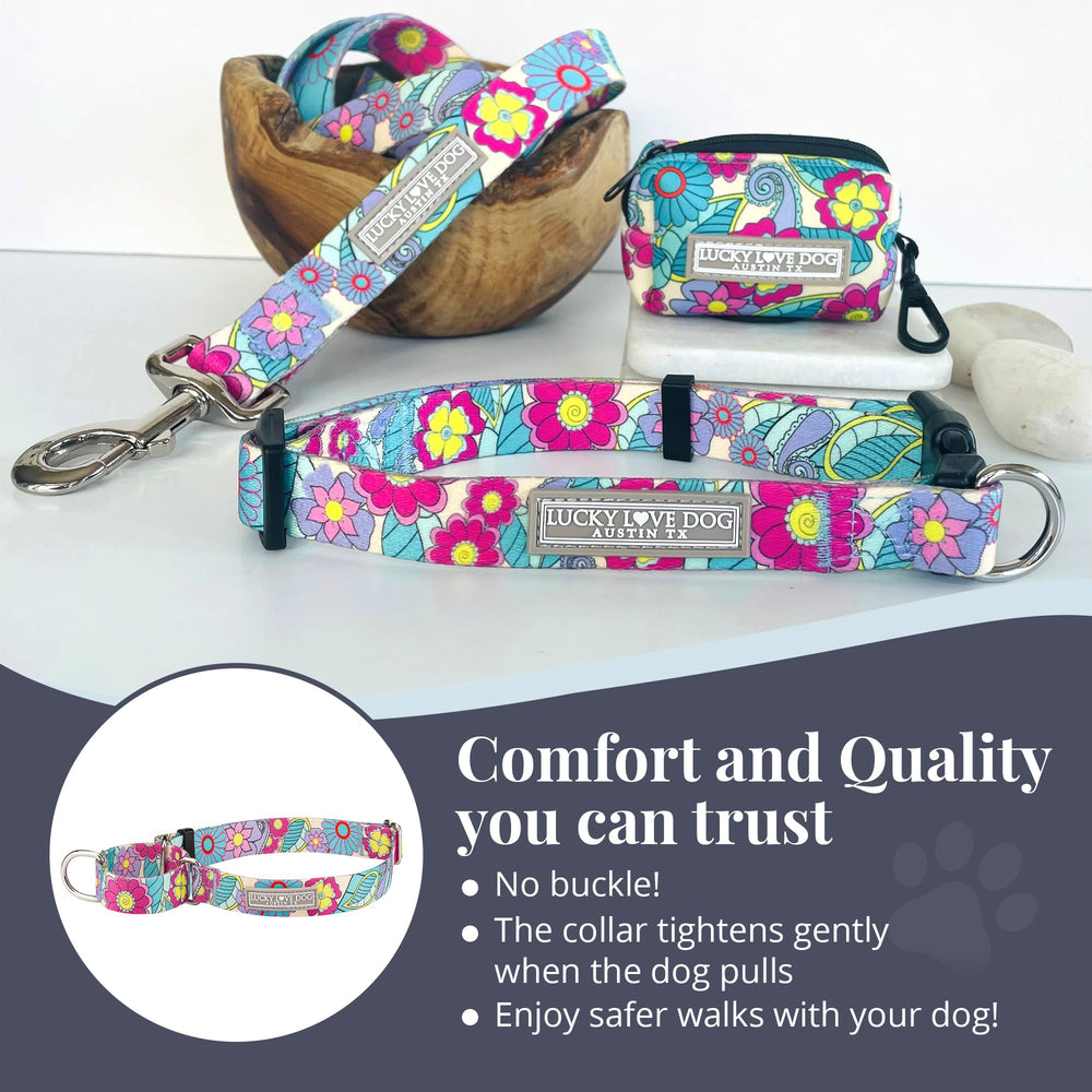 Lucky Love Dog Martingale Collar Caroline available in two widths for sizing.