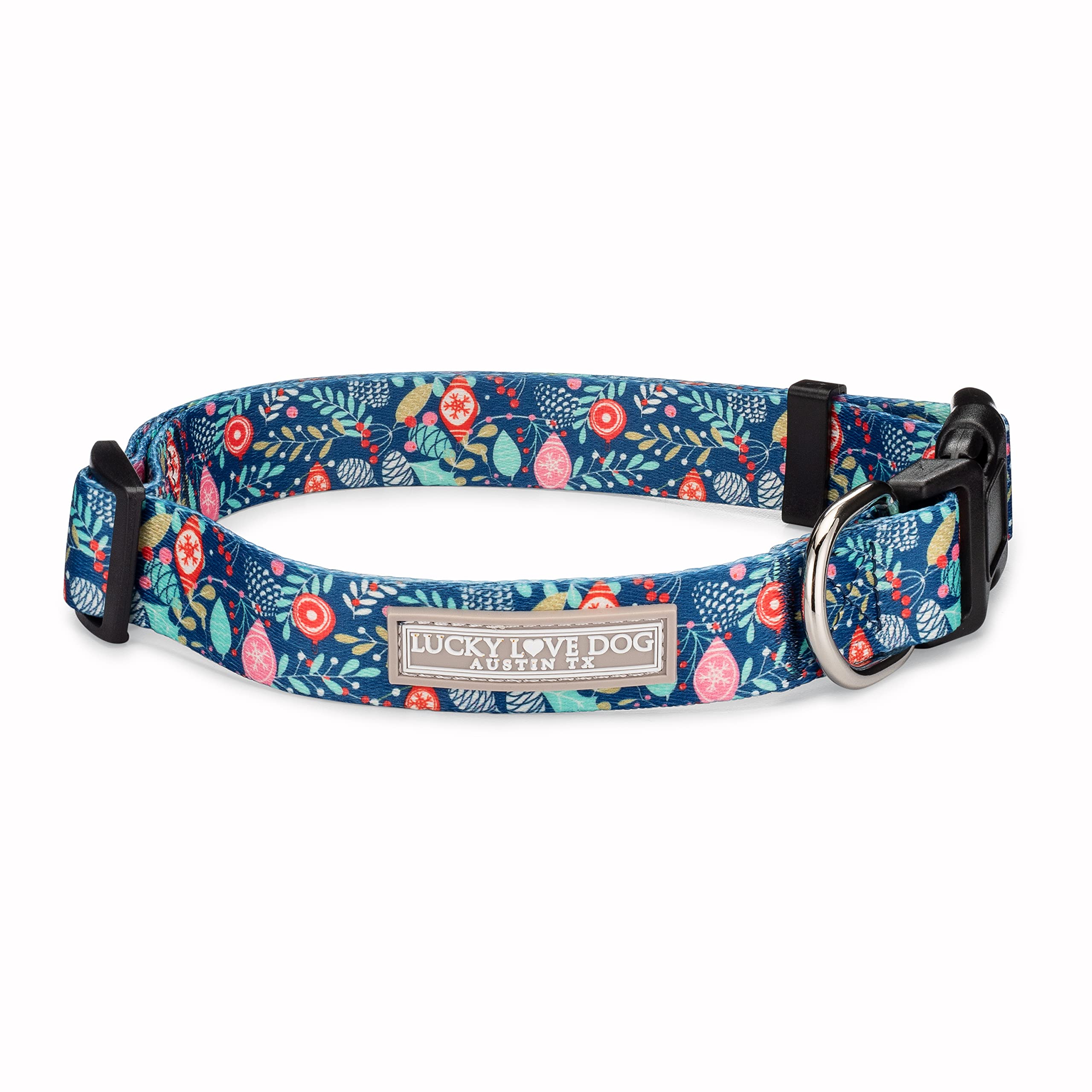 Lucky Love Dog Sweet Holiday collar close-up shows durable adjustable buckle for secure fit.